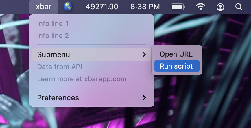 Screenshot showing xbar menu in action