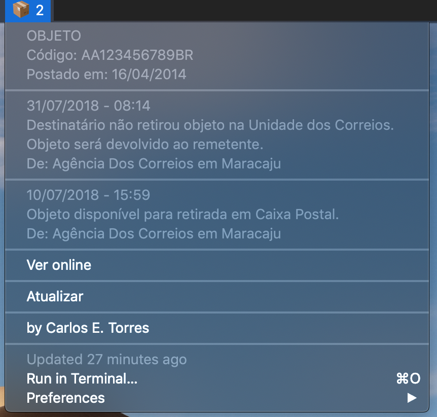Image preview of Track Brazilian Post Office (Correios) packages plugin.
